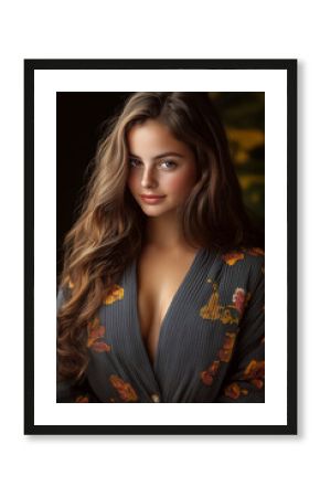 A young woman with long wavy brown hair wears a dark gray or black floral kimono or robe. The background is slightly blurred.