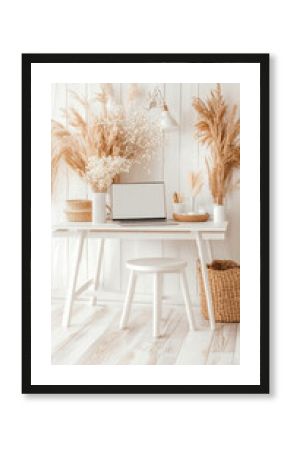 Boho Chic Home Office Setup with Laptop and Pampas Grass Décor for Peaceful Productivity
