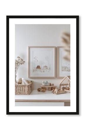 Rustic farmhouse illustration in minimalist nursery.