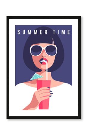 Summer party, vacation and travel concept. Young woman in sunglasses drinks cocktial. Vector illustration for flyer or poster design in minimalistic style.
