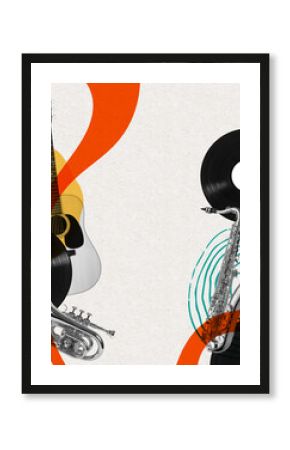 Contemporary art collage. Concept of music lifestyle, creativity, inspiration, imagination, ad. Musical instruments on bright background
