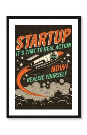 Startup retro poster with a rising rocket on a dark background. Worn texture on separate layer and can be easily disabled.
