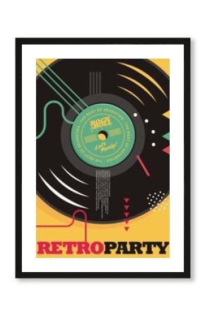 Vinyl record graphic design for retro party poster. Abstract Memphis style template for seventies music party invitation or concert flyer. Minimalist vector illustration. The best of seventies.