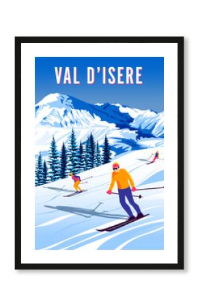 Val D'Isere Travel Poster. Handmade drawing vector illustration.