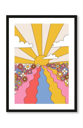 Psychedelic Art Landscape with sunset, sky and flower field, 1960s Hippie Illustrations with Clouds, Waves and Sun Rays. Vector hand drawn background.