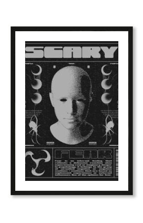 Retro futuristic poster with human head . Abstract horror print with noise, for streetwear, print for t-shirts and sweatshirts on a black background