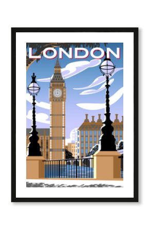 Cityscape with the waterfront in the first plan, Big Ben and the Houses of Parliament in the background. Handmade drawing vector illustration. London retro style poster design.