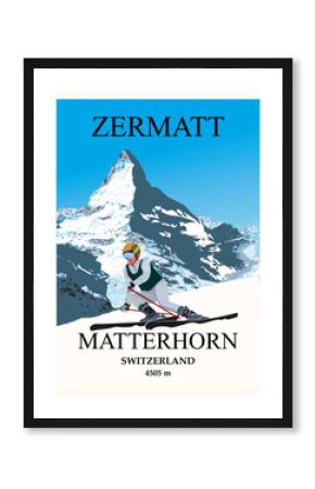 Experienced female skier glides on skis against the backdrop of the Matterhorn mountain. Zermatt ski resort vintage poster travel illustration design, swiss alps poster design