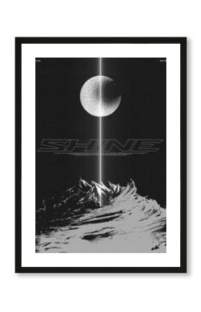 Retro futuristic poster with a mountain and a shining bright beam. Abstract print with noise, for streetwear, print for t-shirts and sweatshirts on a black background