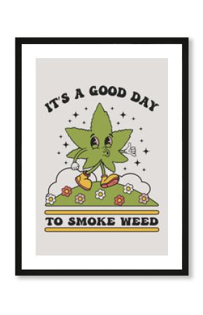 marijuana leaf character smiles and walks , cheerful print on a t-shirt, retro style