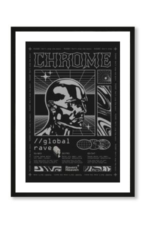 Vintage dance party or electronic music rave poster or flyer or t-shirt print design template with laser grids and other abstract retro futuristic elements on black background. Vector illustration