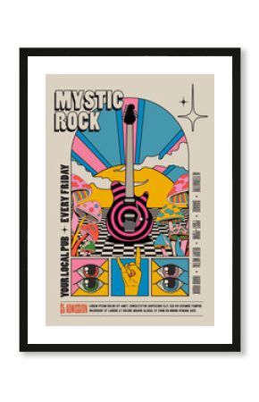 Retro vintage styled psychedelic rock music concert or festival or party flyer or poster design template with electric guitar surrounded by mushrooms with sunset on background. Vector illustration