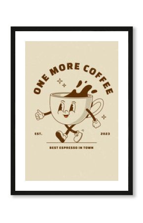 Cartoon retro 70s cup of coffee vector illustration. Groovy vintage poster espresso character. Nostalgia 1970s, 60s
