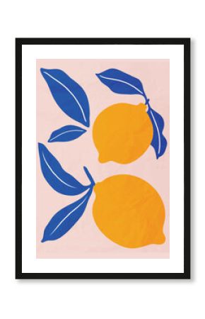 Abstract art background vector. Natural hand drawn pattern design with flower, lemon,leaves, branch. Simple contemporary style illustrated Design for fabric, print, cover, banner, wallpaper.
