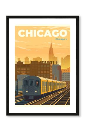 The subway train rides off into the distance. Sunset. Dramatic lighting. Chicago L. The USA.