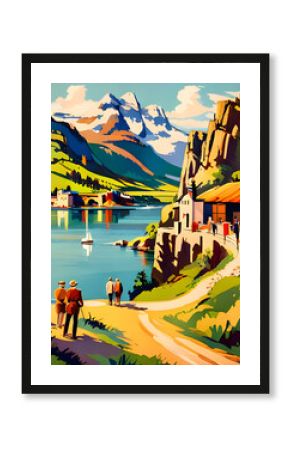 vintage art deco style 1930s travel poster with people enjoying lakeside scenery