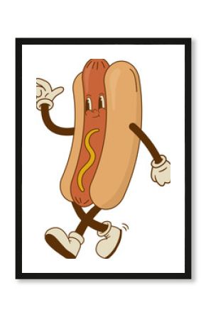 Cartoon hot dog character in retro 70s style. Street food vector illustration. Vintage bratwurst mascot poster. Nostalgia 60s, 1970s, 80s