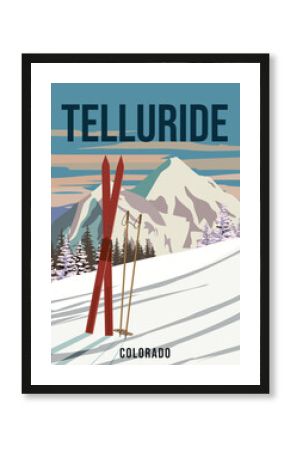Vintage Travel poster Ski Whitefish resort. America winter landscape travel card