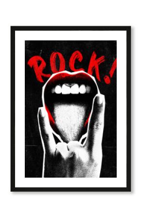Poster. Contemporary art collage. female mouth with tongue and hand showing rock gesture symbolizing rebellious spirit bursts from punk music, songs. Concept of Rock-n-roll day, concert, festival. Ad.