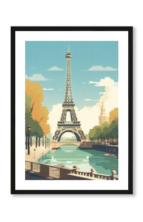 A vintage retro style travel poster for Paris, France with the famous Eiffel tower and River Seine