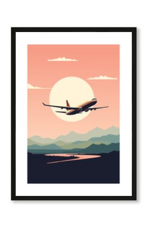 Vector retro style poster with airplane or jet flying over mountains and river at sunset or sunrise, vintage style image