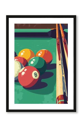 Retro sport game poster with bright colorful billiard balls and cue
