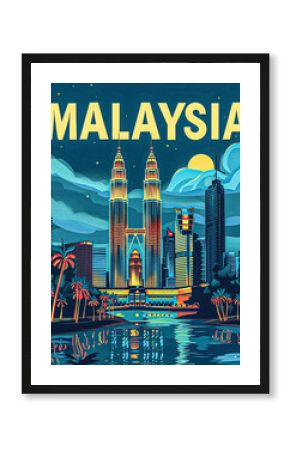 Malaysia retro travel poster illustration. Malaysian architecture