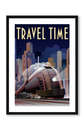 A retro steam locomotive in a smoke clouds moves quickly against the backdrop of industrial buildings and skyscrapers. Travel Time Art Deco Retro style poster. Handmade drawing vector illustration. 