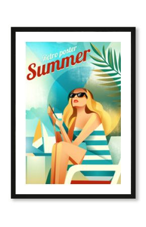 Retro poster with a girl sitting on the beach. Vector