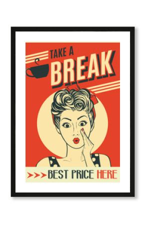 advertising coffee retro poster with pop art woman