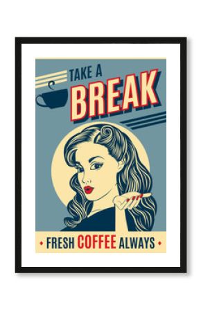 advertising coffee retro poster with pop art woman