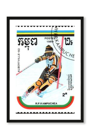 REPUBLIC OF KAMPUCHEA (CAMBODIA) - CIRCA 1989: postage stamp, printed in Republic of Kampuchea, shows a Slalom skiing. Series Winter Olympic Games, Albertville, 1992