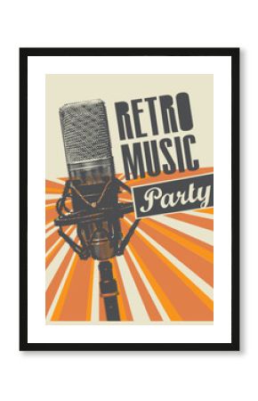 Vector poster or banner for a retro music party with a microphone on a background with bright rays in retro style