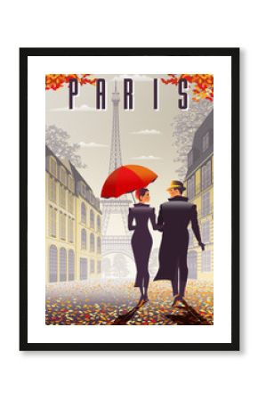 Loving couple in Paris in the fall.