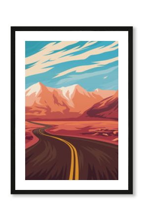Travel illustration with road in mountains. Vector illustration.