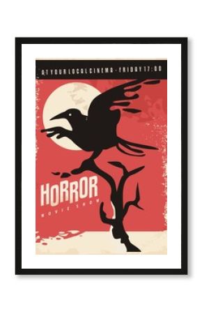 Horror movies retro poster design with black raven on red background. Vintage flyer with crow bird.