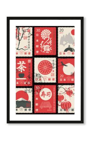 Set of vector postage stamps on the theme of Japanese culture in retro style. Hieroglyph Japan Post, Sushi, Tea, Perfection, Happiness, Truth