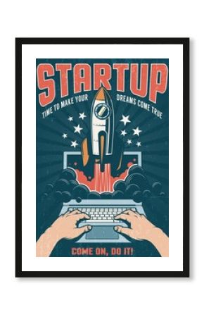 A rocket taking off from a laptop. Vintage retro poster with a dark background. Startup concept. Vector illustration. Worn texture on separate layer.