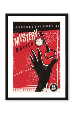 Mystery movies marathon retro cinema poster design. Film poster template with hand silhouette, clock,  key and spider web. Vector layout.