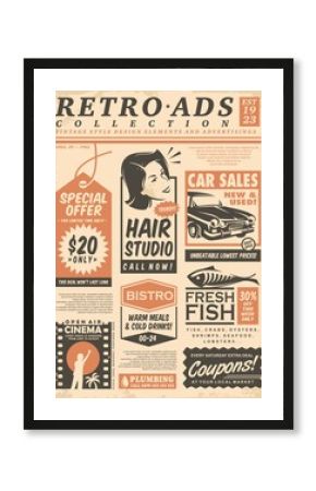 Retro newspaper ads collection on old paper texture. Vector illustration.