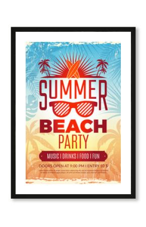 Summer retro poster. Vacation tropical beach summer party invitation retro placard vector template. Summer vacation banner, travel sea party, tour poster illustration
