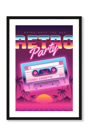 Cassettes poster. Retro disco party 80s, 90s banner, vintage audio cassette club flyer, festival invitation cover. Vector background