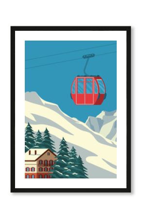 Ski resort with red gondola lift, chalet, winter mountain landscape, snowy peaks and slopes. Alps travel retro poster, vintage banner. Vector flat illustration.