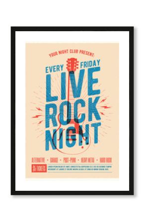 Live rock music night party promo ad flyer design. Live music poster. Vector illustration.