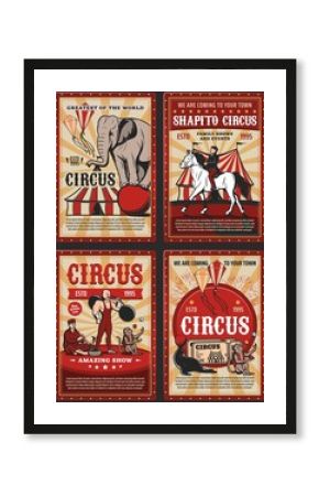 Circus big top, carnival animals and strongman