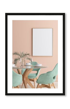 Wall, poster mock up in dining room, minimalist interior, 3d render