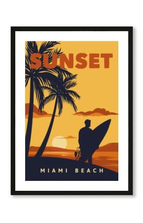 sunset miami beach poster illustration surfing vintage retro style