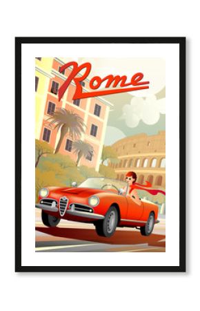 A young girl driving a retro car on the background of Roman houses and the Coliseum.