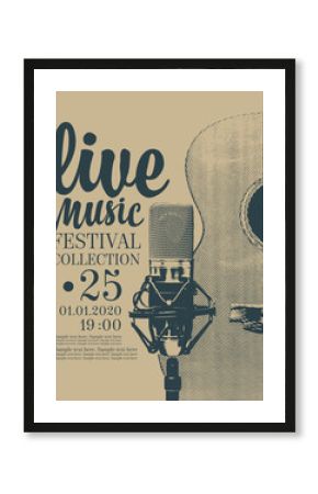 Vector poster for a live music festival or concert with a guitar, microphone and place for text in retro style.