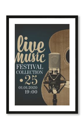 Vector poster for a live music festival or concert with a guitar, microphone and place for text in retro style. Suitable for flyer, playbill, banner, invitation, advertisement